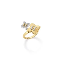 Roberto Coin 18K Yellow and White Gold Love In Verona Pavé Diamond And Polished Finish Double Flower Ring New