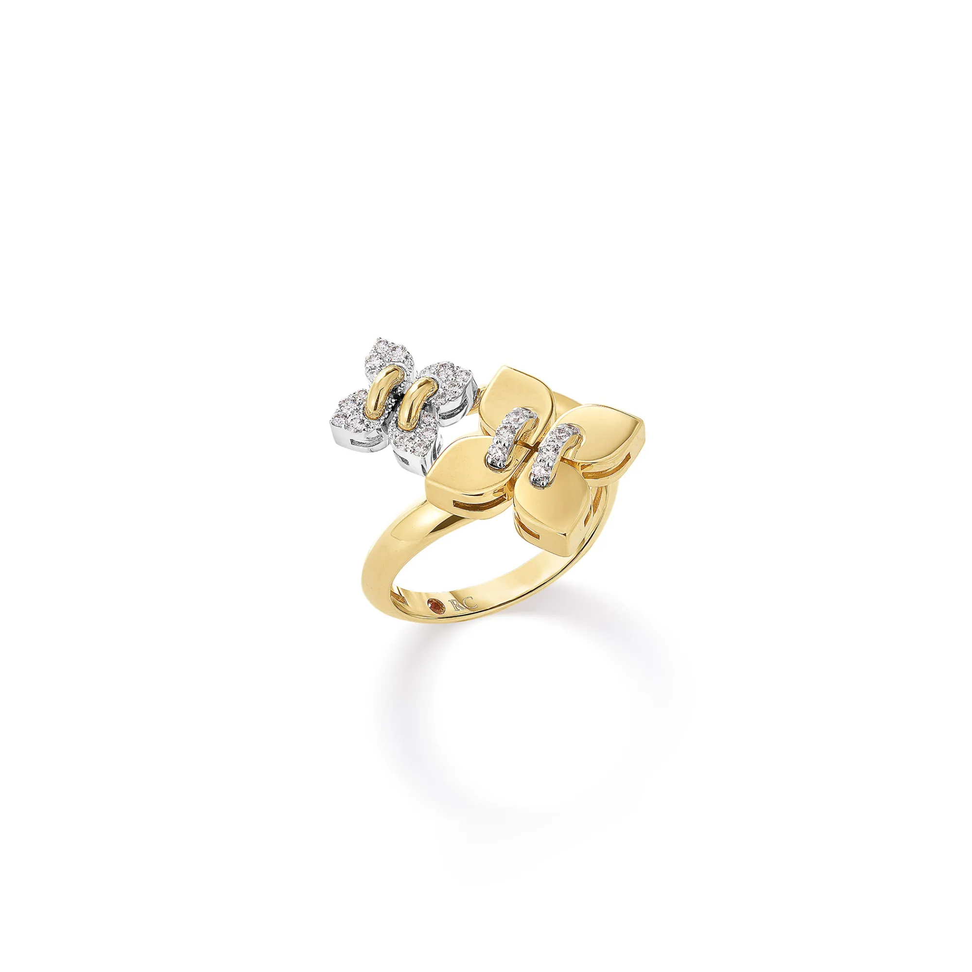 Roberto Coin 18K Yellow and White Gold Love In Verona Pavé Diamond And Polished Finish Double Flower Ring New