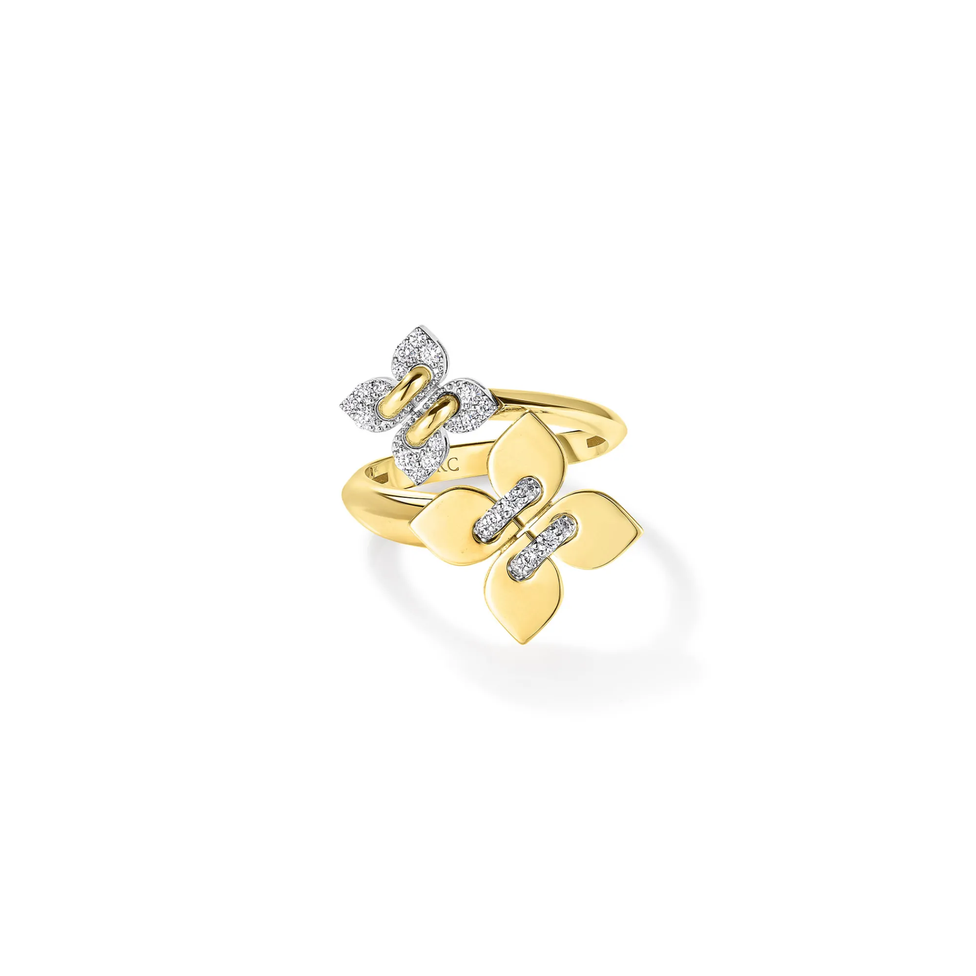 Roberto Coin 18K Yellow and White Gold Love In Verona Pavé Diamond And Polished Finish Double Flower Ring New
