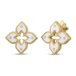 Roberto Coin 18K Yellow Gold Venetian Princess Diamond And White Enamel Flower Stud Earrings Outlet