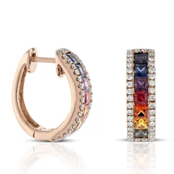 Rose Gold Rainbow Sapphire & Diamond Hoop Earrings 14K Sale