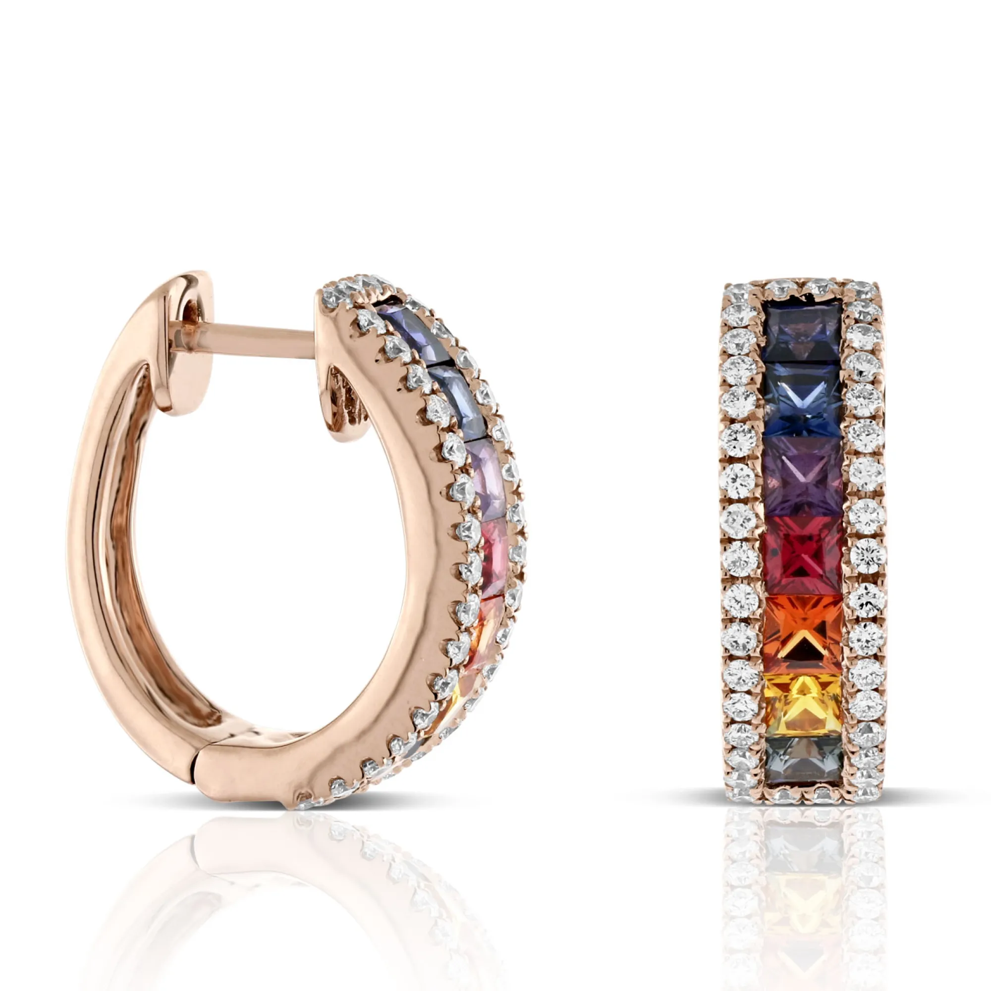 Rose Gold Rainbow Sapphire & Diamond Hoop Earrings 14K Sale