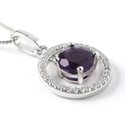 Round Amethyst and Diamond Pendant, 14K White Gold Clearance