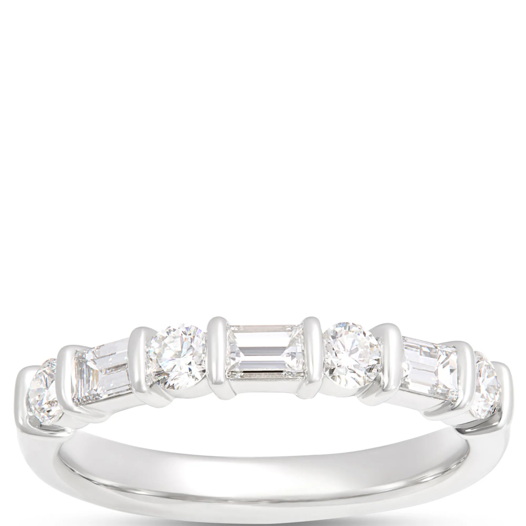 Round and Baguette Diamond Ring, ¾ Total Carat Weight, Platinum Hot