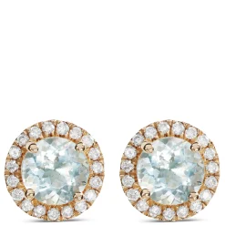 Round Cut Aquamarine and Diamond Halo Stud Earrings, 14K Yellow Gold