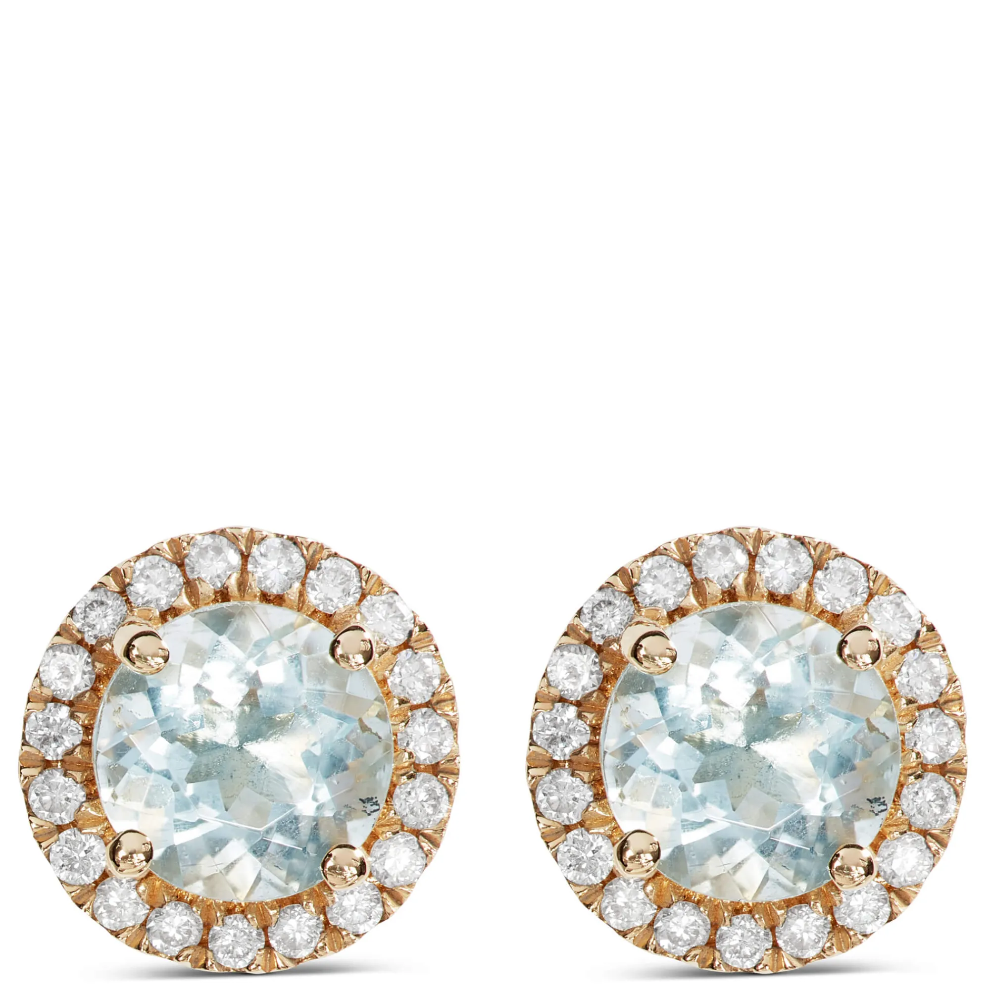 Round Cut Aquamarine and Diamond Halo Stud Earrings, 14K Yellow Gold