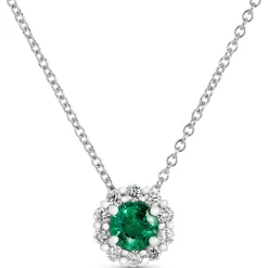 Round Cut Emerald Diamond Halo Necklace, 14K White Gold Best