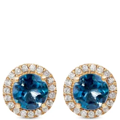 Round Cut London Blue Topaz and Diamond Halo Earrings, 14K Yellow Gold Discount