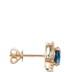 Round Cut London Blue Topaz and Diamond Halo Earrings, 14K Yellow Gold Discount