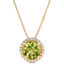 Round Cut Peridot and Diamond Halo Pendant Necklace, 14K Yellow Gold Outlet