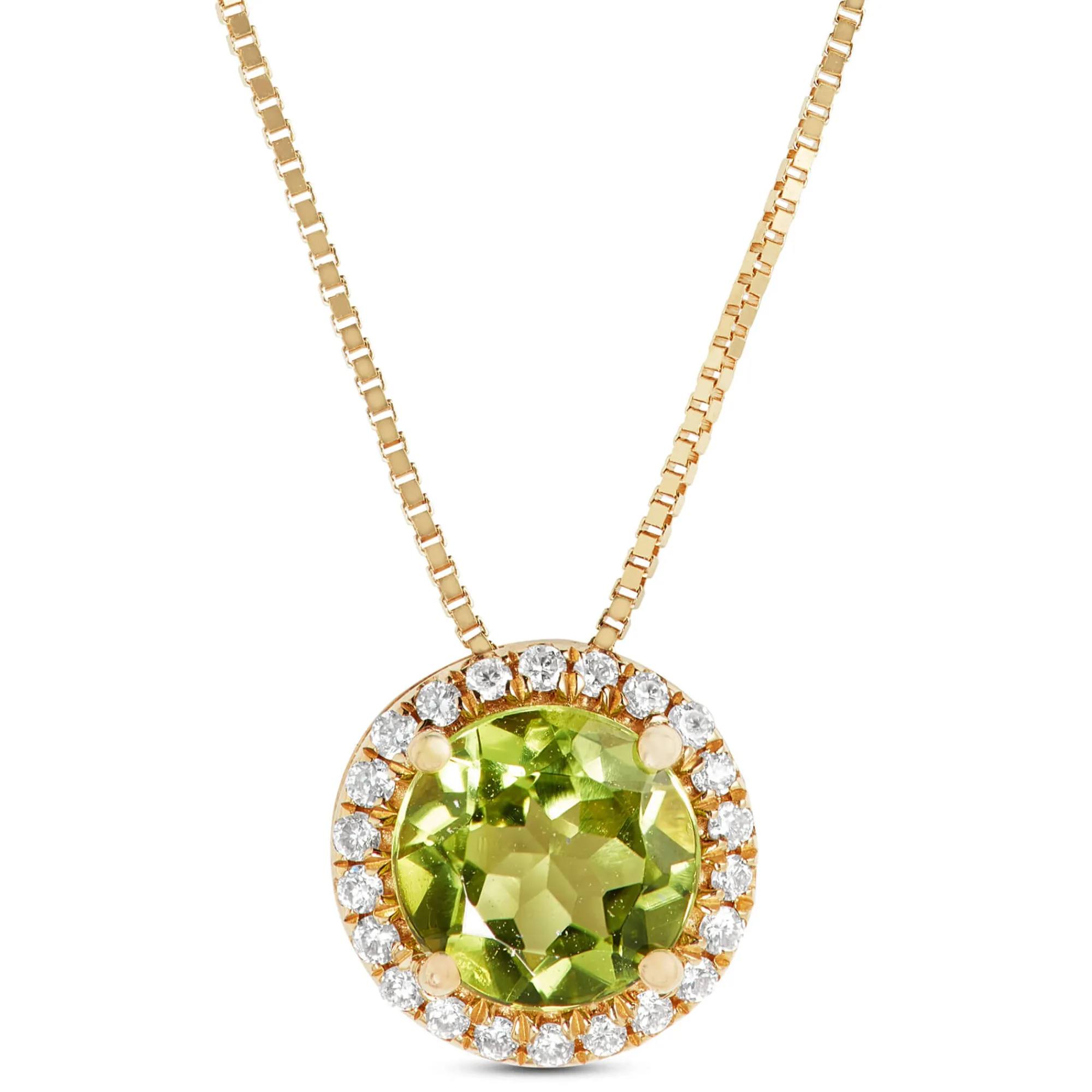 Round Cut Peridot and Diamond Halo Pendant Necklace, 14K Yellow Gold Outlet