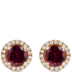 Round Cut Rhodolite and Diamond Halo Earrings, 14K Yellow Gold Best