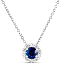Round Cut Sapphire and Diamond Halo Pendant Necklace, 14K White Gold Discount