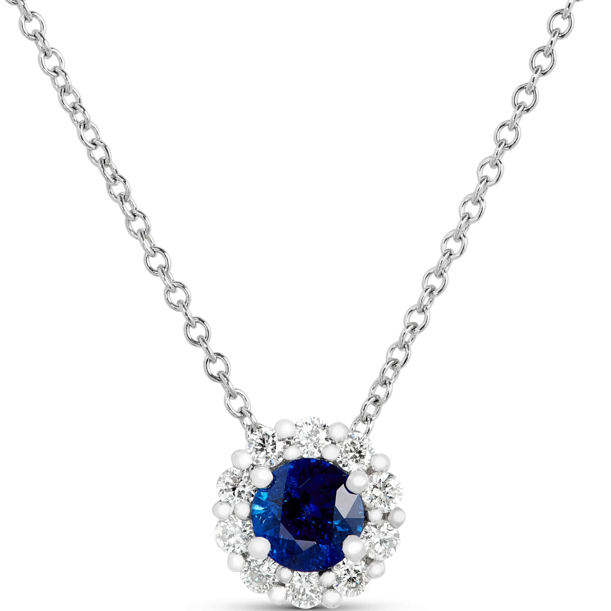 Round Cut Sapphire and Diamond Halo Pendant Necklace, 14K White Gold Discount