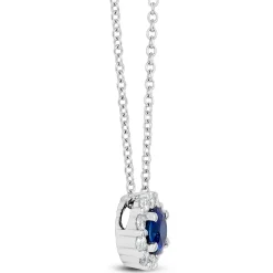 Round Cut Sapphire and Diamond Halo Pendant Necklace, 14K White Gold Discount