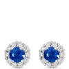 Round Cut Sapphire Halo Stud Earrings, 14K White Gold New