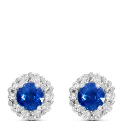 Round Cut Sapphire Halo Stud Earrings, 14K White Gold New
