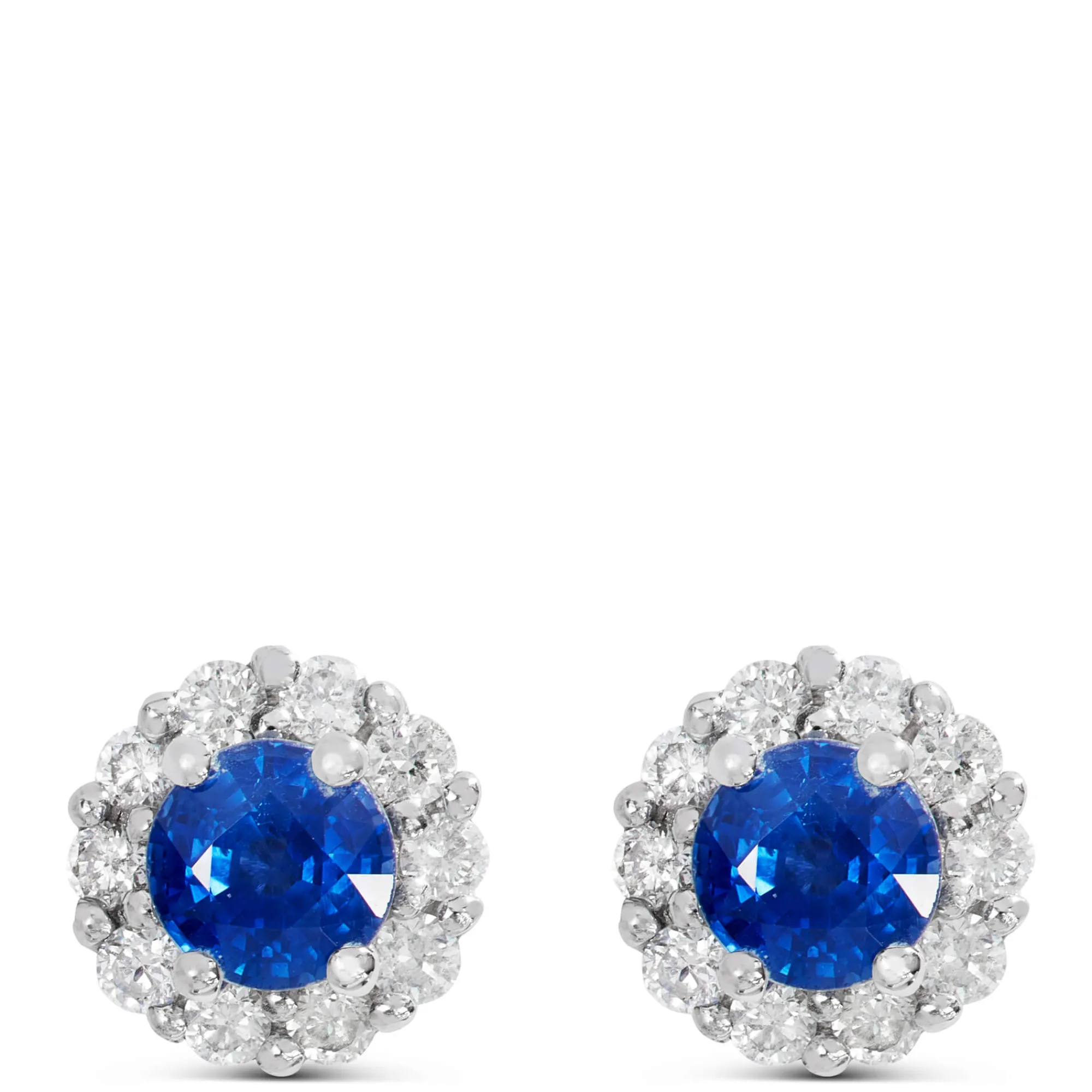 Round Cut Sapphire Halo Stud Earrings, 14K White Gold New