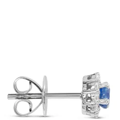 Round Cut Sapphire Halo Stud Earrings, 14K White Gold New
