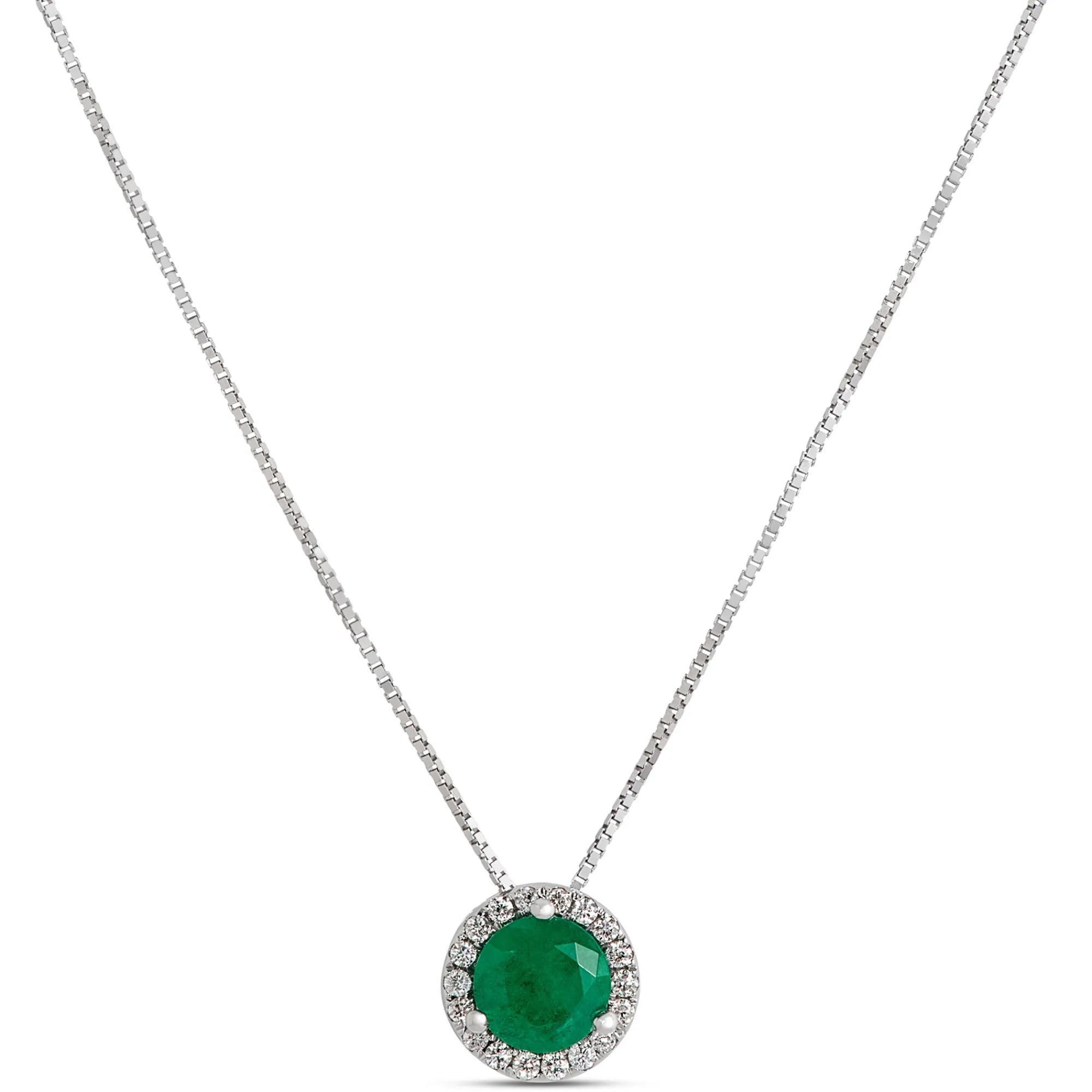 Round Emerald Pendant Necklace With Diamond Halo in 14K White Gold Discount