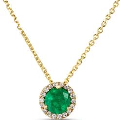 Round Emerald Pendant with Diamond Halo, 14K Yellow Gold Sale