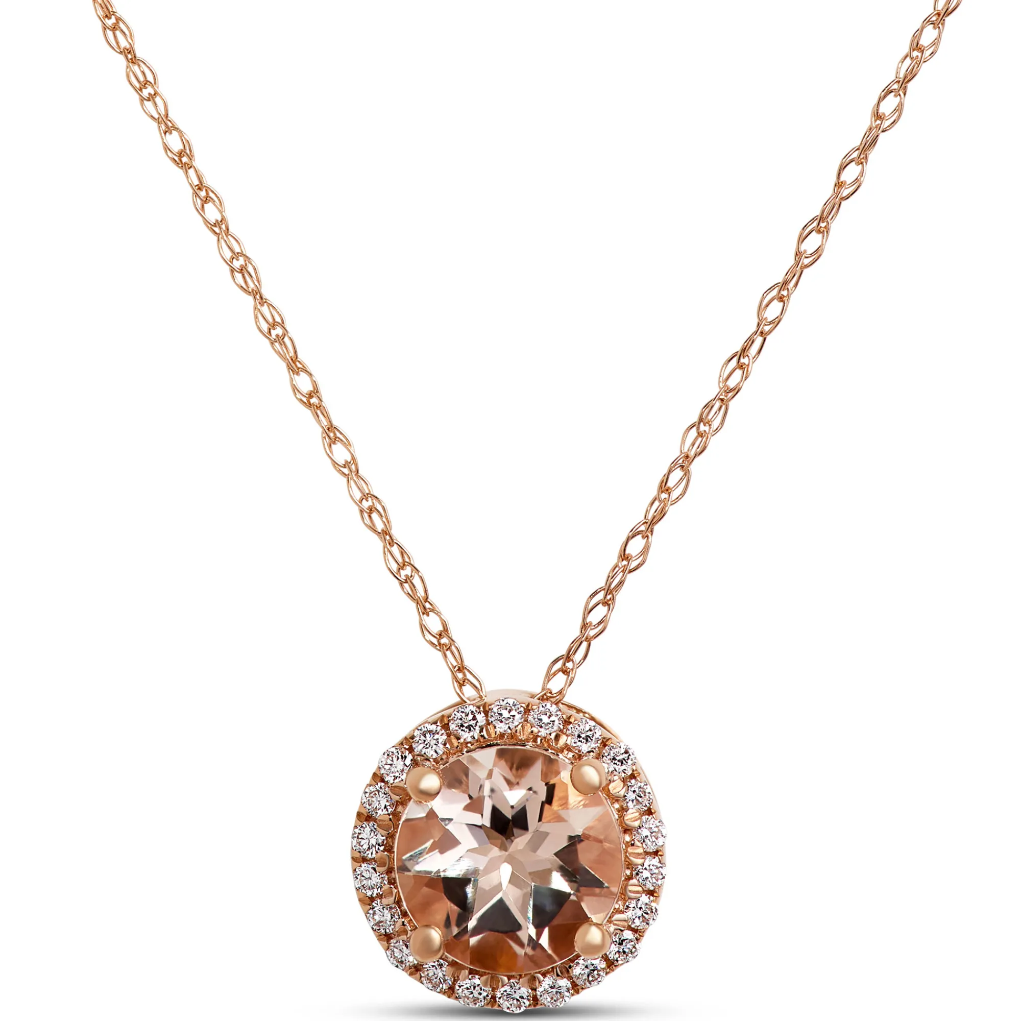 Round Morganite and Diamond Halo Pendant Necklace, 1/10 Carat, 14K Rose Gold Clearance