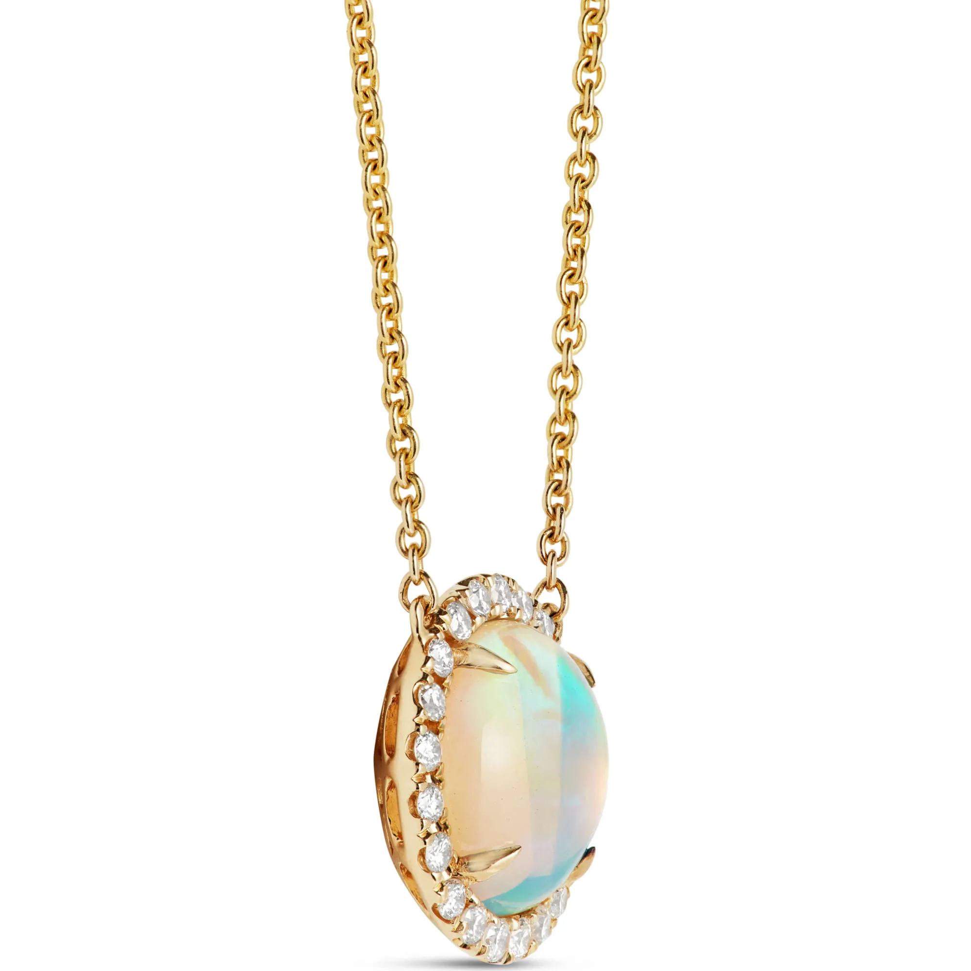Round Opal and Diamond Halo Necklace, 14K Yellow Gold Online
