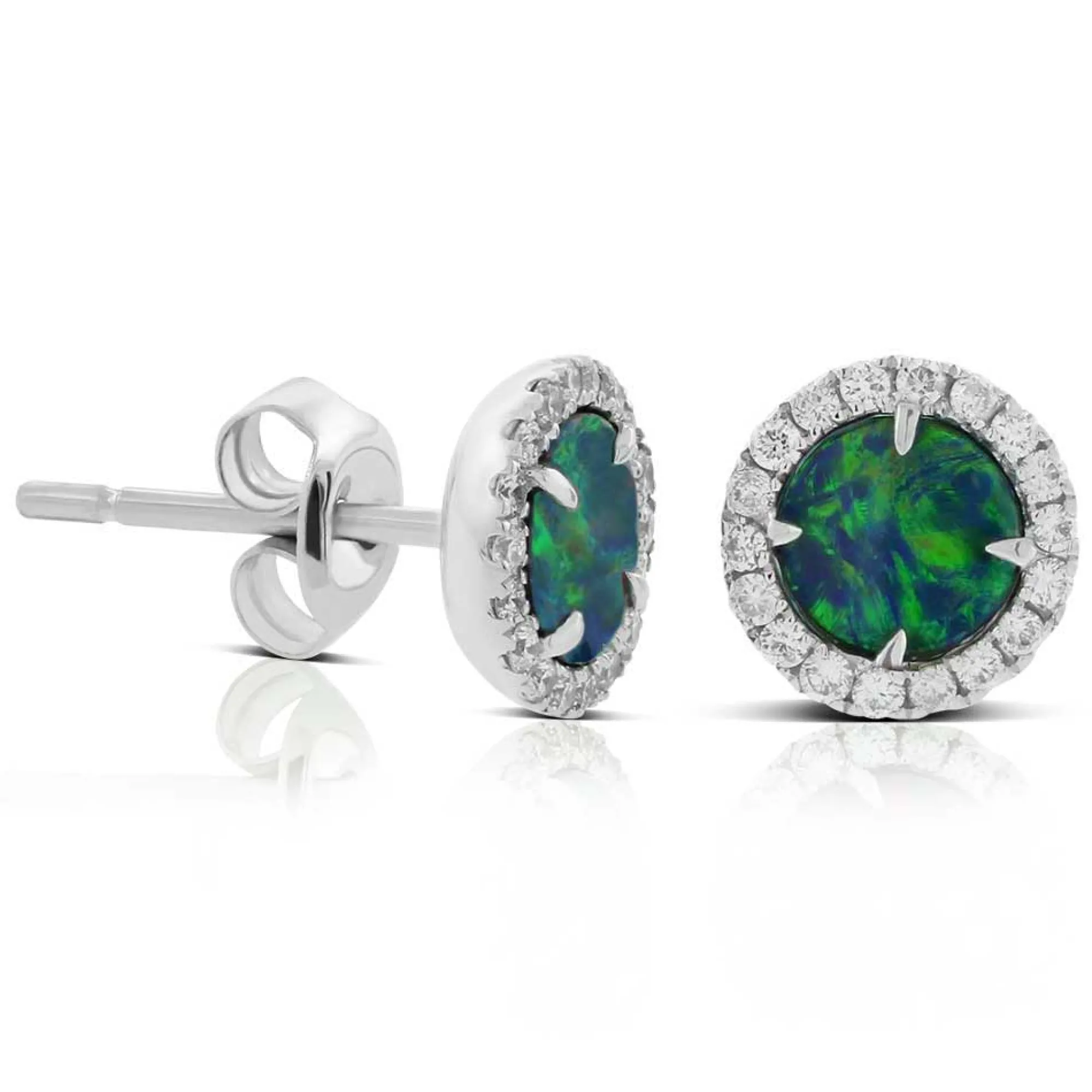 Round Opal Doublet & Diamond Stud Earrings 14K Best