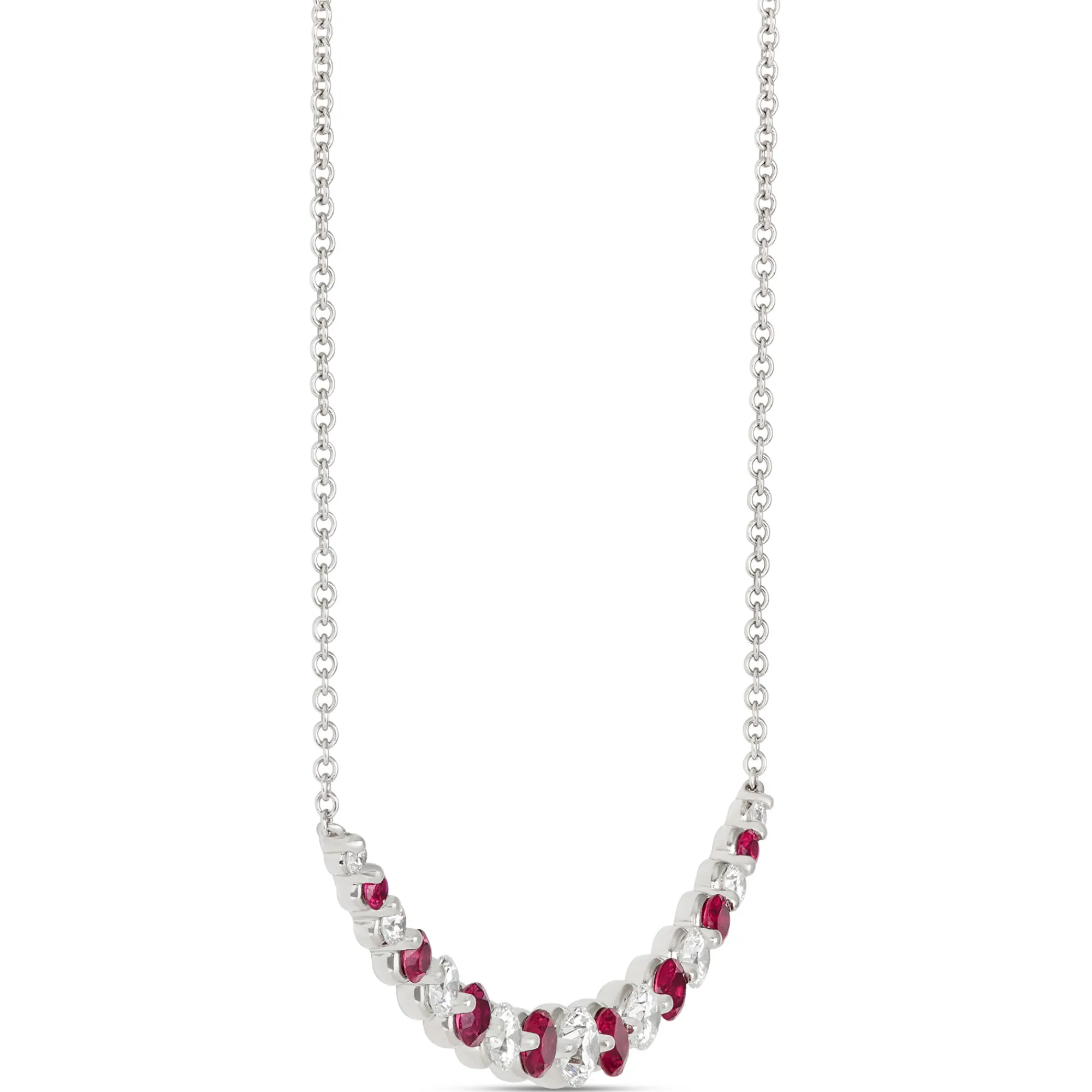 Round Ruby and Diamond Cluster Necklace, 18K White Gold New