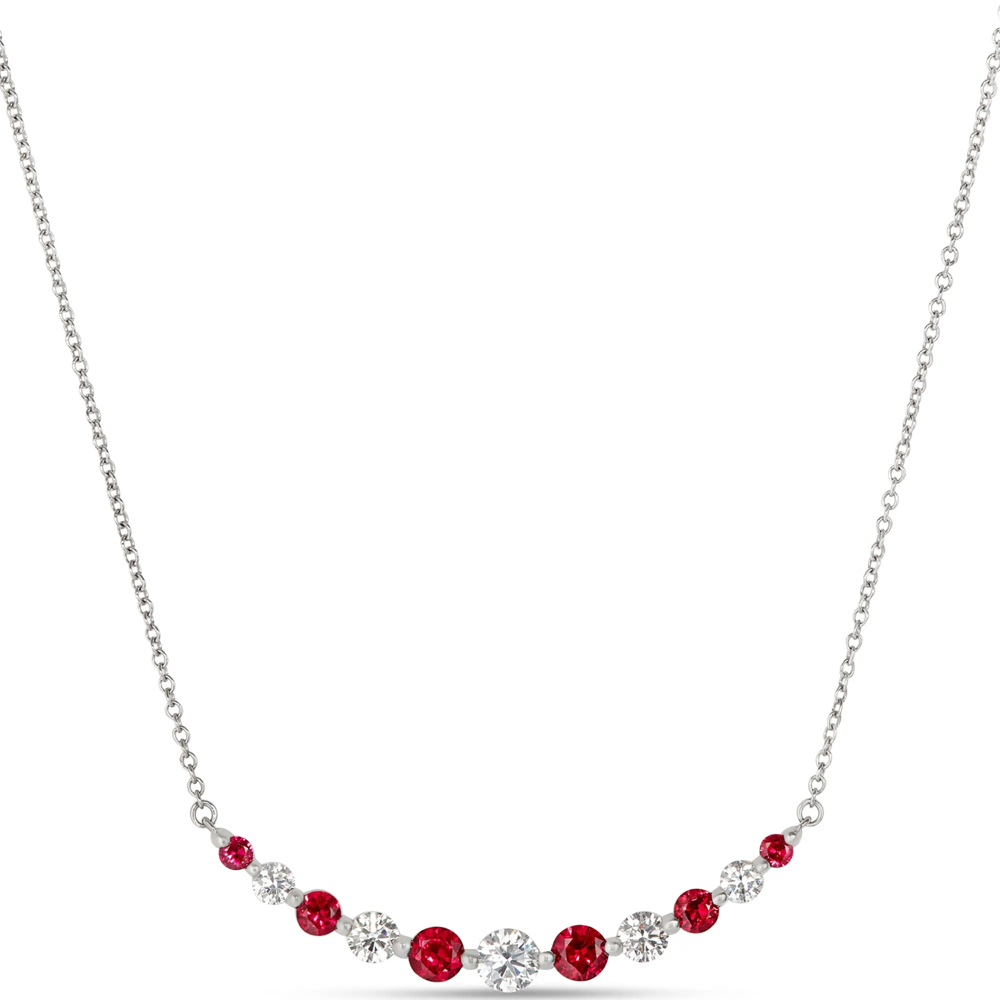 Round Ruby and Diamond Cluster Necklace, 18K White Gold New