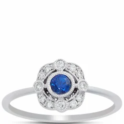 Round Sapphire and Diamond Ring, 14K White Gold Clearance