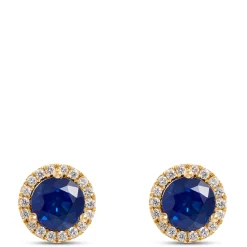 Round Sapphire and Diamond Studs, 0.15 Total Carat Weight 14K Yellow Gold Sale