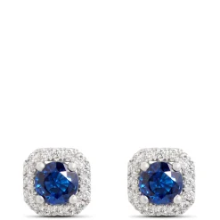 Round Sapphire and Diamond Stud Earrings, 14K White Gold Best