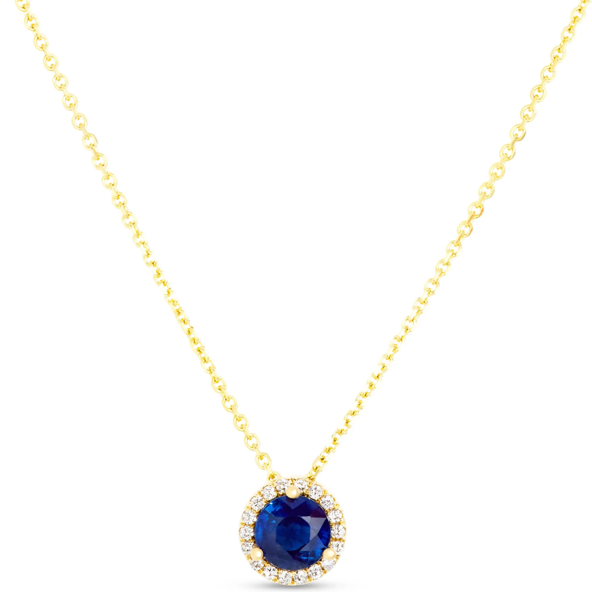 Round Sapphire Diamond Halo Pendant Necklace, 14K Yellow Gold New