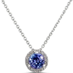 Round Tanzanite Pendant with Diamond Halo, 14K White Gold Hot