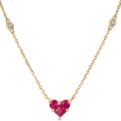 Ruby Heart Necklace with Round Diamonds, 14K Yellow Gold New