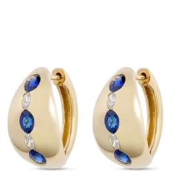 Sapphire and Diamond Huggie Hoop Earrings, 18K Yellow Gold Clearance