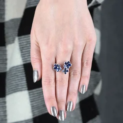 Sapphire & Diamond Flower Ring 14K, White Gold