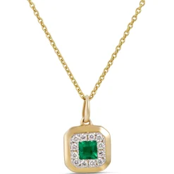 Square Emerald and Round Diamond Pendant, 14K Yellow Gold Sale