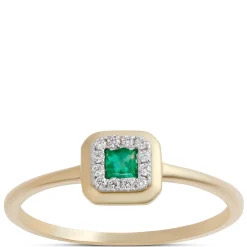 Square Emerald Diamond Halo Ring, 14K Yellow Gold Hot