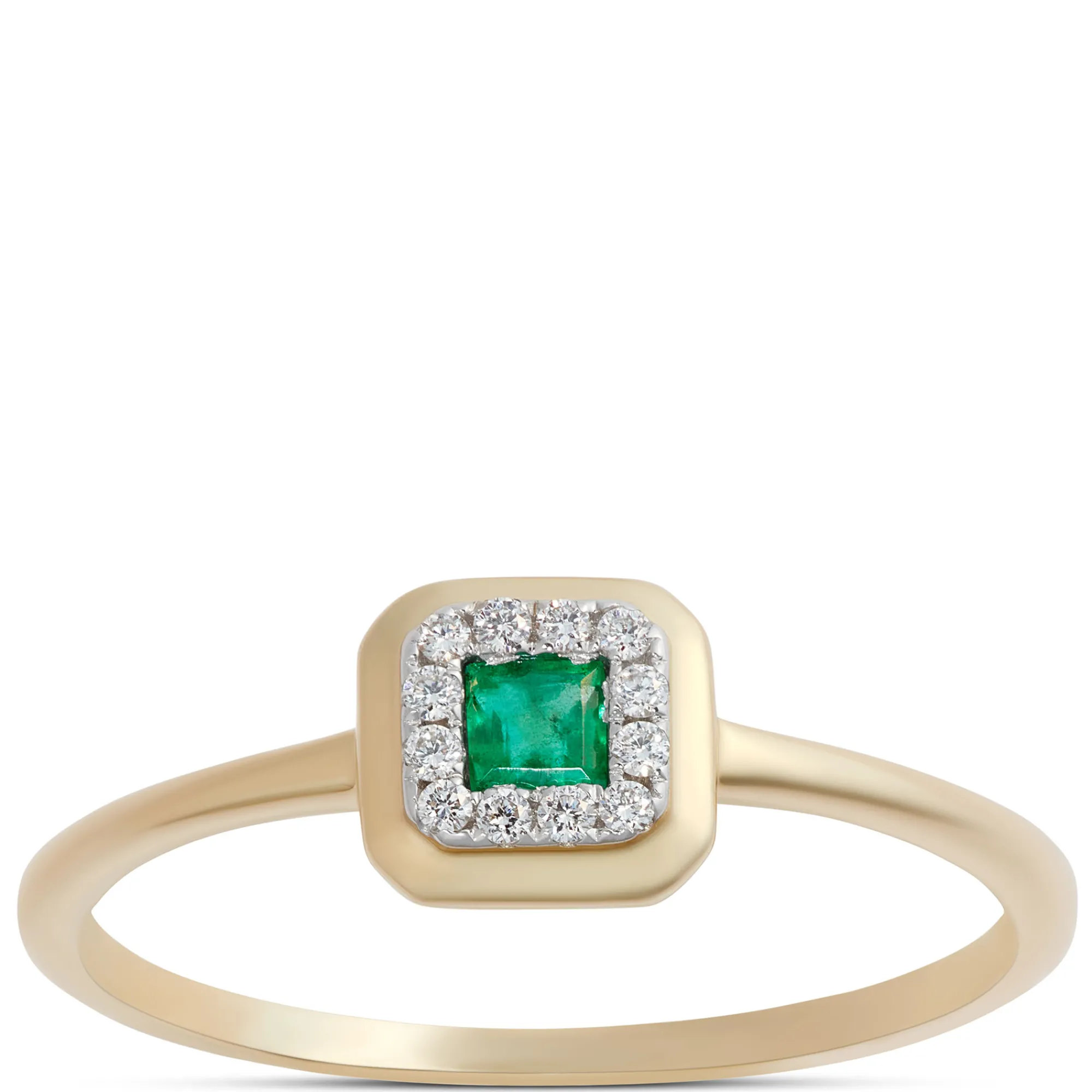 Square Emerald Diamond Halo Ring, 14K Yellow Gold Hot