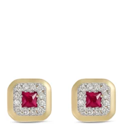 Square Ruby and Round Diamond Studs, 14K Yellow Gold Online