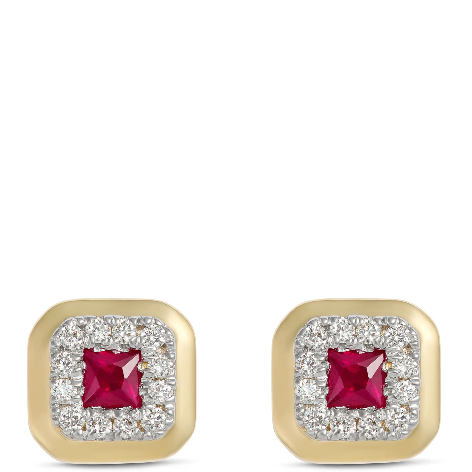 Square Ruby and Round Diamond Studs, 14K Yellow Gold Online