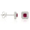 Square Ruby & Diamond Stud Earrings 14K New