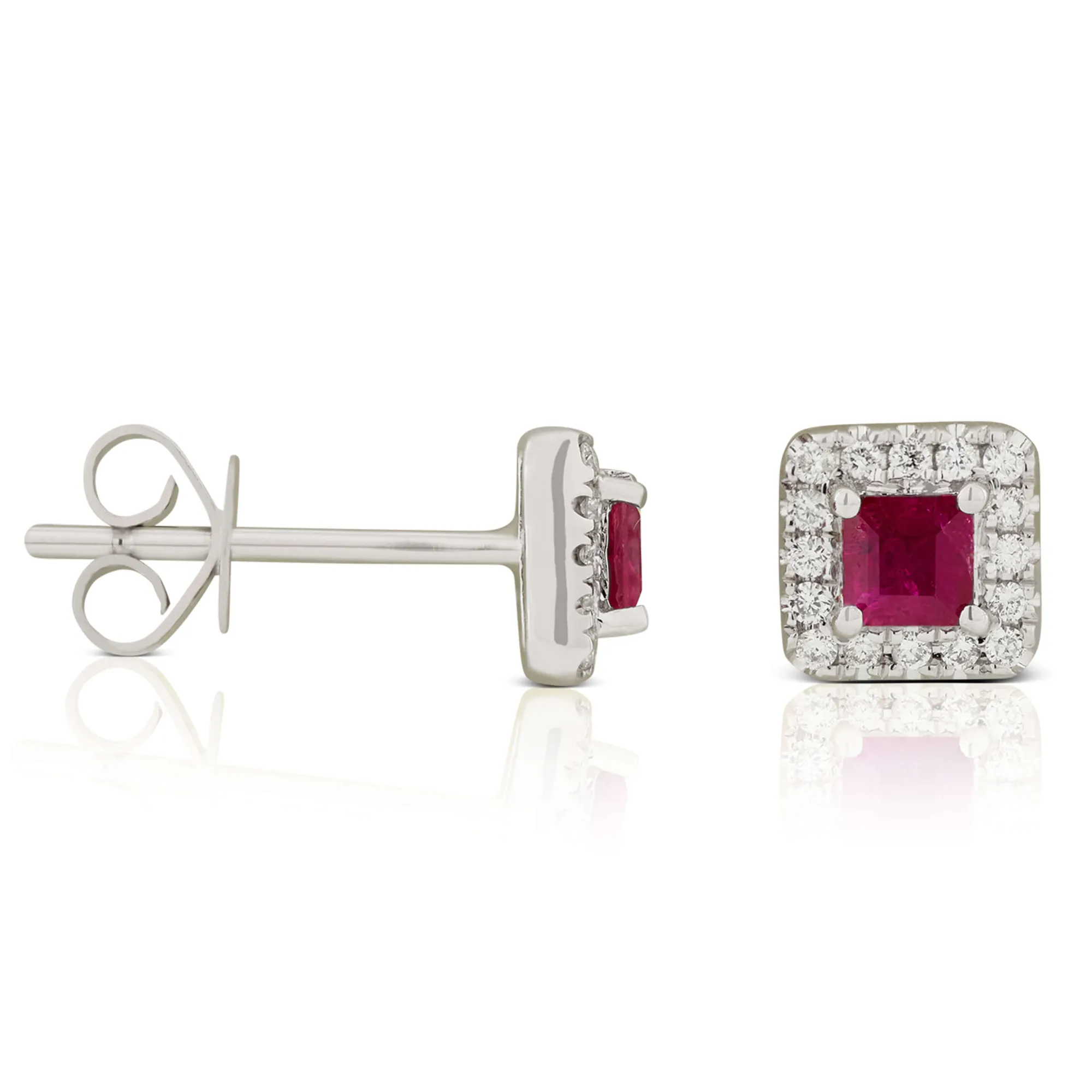 Square Ruby & Diamond Stud Earrings 14K New