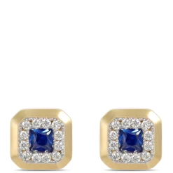 Square Sapphire and Diamond Studs, 14K Yellow Gold Sale