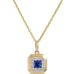 Square Sapphire and Round Diamond Pendant, 14K Yellow Gold Online