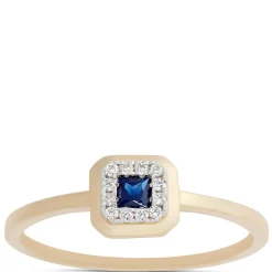 Square Sapphire Diamond Halo Ring, 14K Yellow Gold Sale