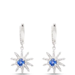 Sunburst Round Sapphire and Diamond Earrings, 14K White Gold Discount