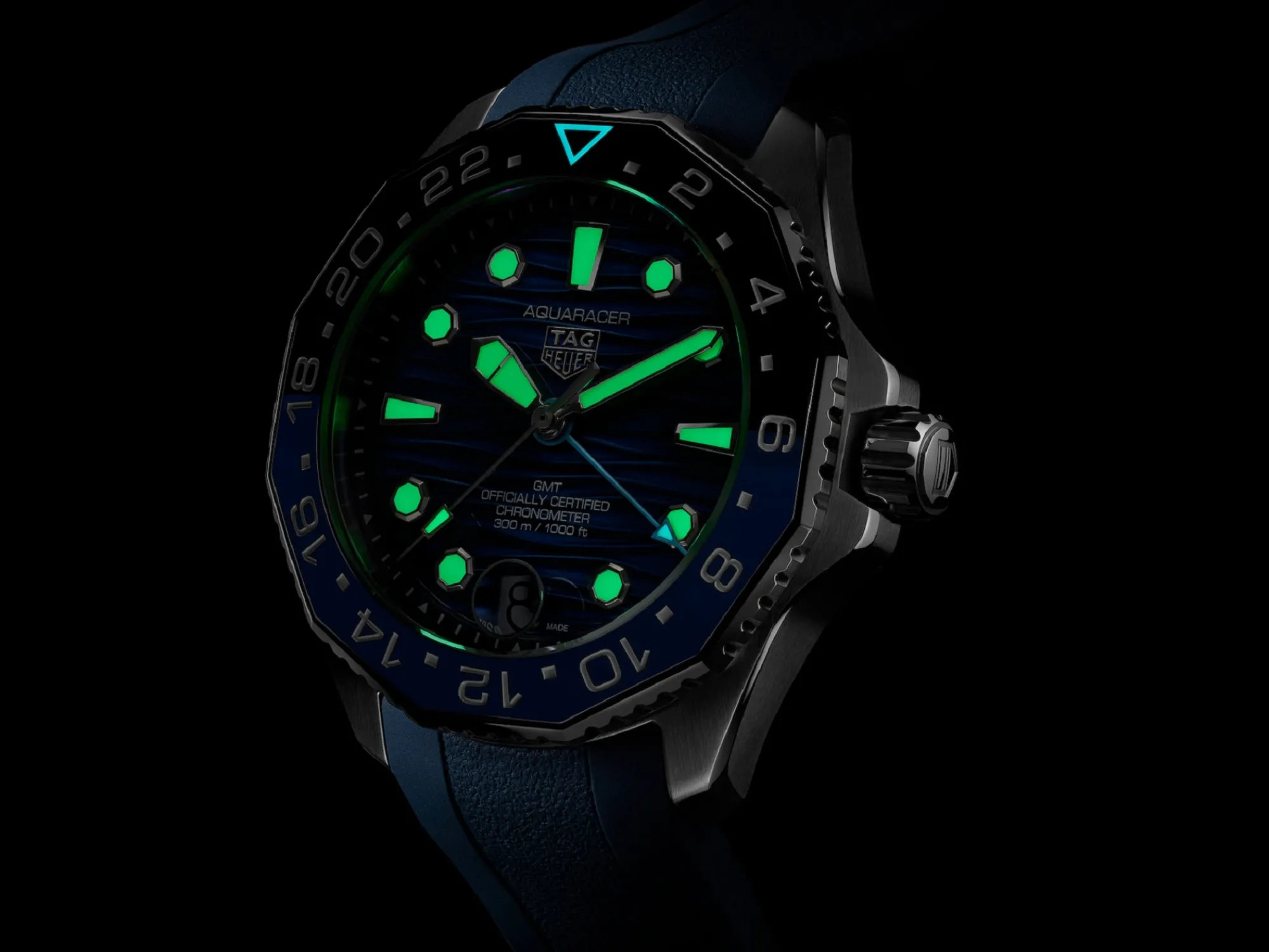 TAG Heuer Aquaracer Professional 300 GMT Blue Dial Blue Rubber Strap Watch, 42mm Sale